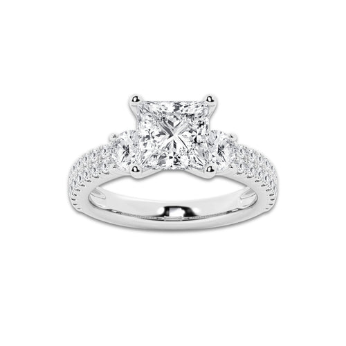 3.50 ctw Princess Lab-Grown Diamond Three Stone Double Row Engagement Ring in Platinum for Women | D Color, VVS1 Clarity, IGI Certified 2.50 ct Center Diamond