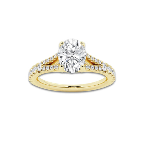 1.08 ctw Oval Lab-Grown Diamond Split Shank Side Stone Engagement Ring in 14K Yellow Gold for Women | Colorless E, VS1 Clarity, IGI Certified 0.75 ct Center Diamond