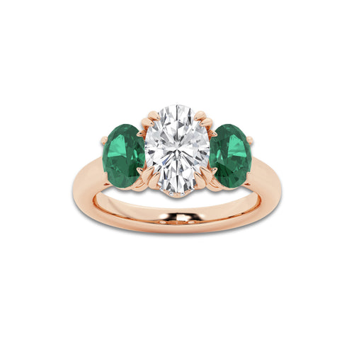 2 7/8 ctw Oval Lab Grown Diamond and Oval Cut Emerald Three-Stone Hidden Halo Engagement Ring 14K Rose Gold, E, VS1 | 2 ct Center