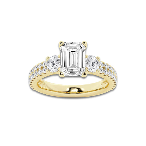 3.50 ctw Emerald Lab-Grown Diamond Three Stone Double Row Engagement Ring in 14K Yellow Gold for Women | D Color, VVS1 Clarity, IGI Certified 2.50 ct Center Diamond