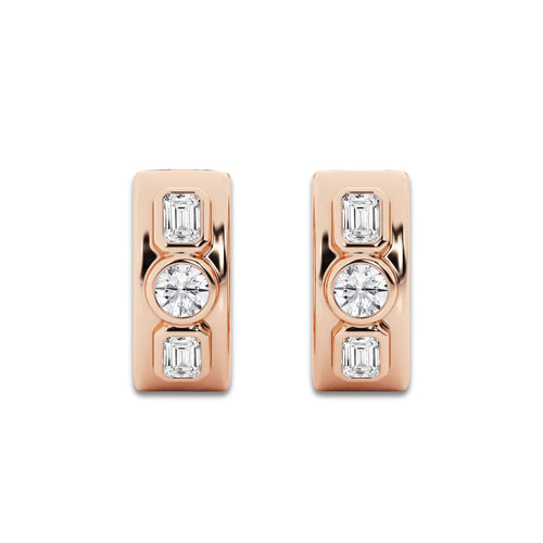 1 ctw Round and Emerald Lab Grown Diamond Three Stone Huggie Hoop Earrings 14K Rose Gold, DE, VS1