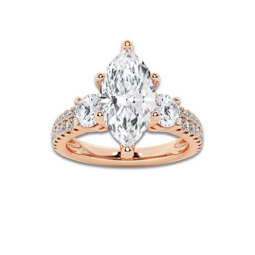 3.00 ctw Marquise Lab-Grown Diamond Three Stone Double Row Engagement Ring in 14K Rose Gold for Women | E Color, VS1 Clarity, IGI Certified 2.00 ct Center Diamond