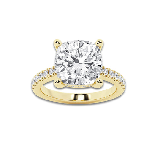 6.37 ctw Cushion Lab-Grown Diamond Hidden Halo Side Stone Engagement Ring in 18K Yellow Gold for Women | Colorless D, VVS1 Clarity, IGI Certified 6.00 ct Center Diamond