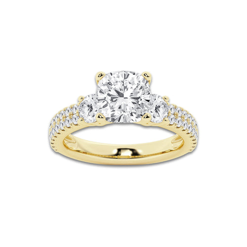 3.50 ctw Cushion Lab-Grown Diamond Three Stone Double Row Engagement Ring in 14K Yellow Gold for Women | E Color, VS1 Clarity, IGI Certified 2.50 ct Center Diamond