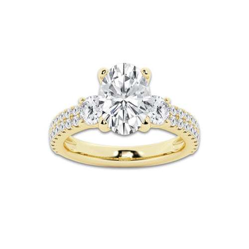 3.50 ctw Oval Lab-Grown Diamond Three Stone Double Row Engagement Ring in 14K Yellow Gold for Women | D Color, VVS1 Clarity, IGI Certified 2.50 ct Center Diamond