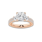 3.50 ctw Cushion Lab-Grown Diamond Three Stone Double Row Engagement Ring in 14K Rose Gold for Women | D Color, VVS1 Clarity, IGI Certified 2.50 ct Center Diamond