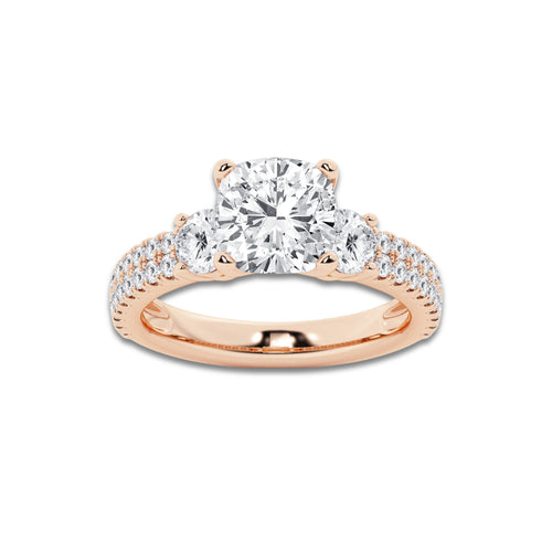 3.50 ctw Cushion Lab-Grown Diamond Three Stone Double Row Engagement Ring in 14K Rose Gold for Women | D Color, VVS1 Clarity, IGI Certified 2.50 ct Center Diamond