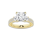 4.00 ctw Asscher Lab-Grown Diamond Three Stone Double Row Engagement Ring in 14K Yellow Gold for Women | D Color, VVS1 Clarity, IGI Certified 3.00 ct Center Diamond