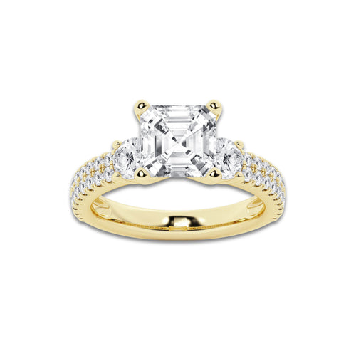 4.00 ctw Asscher Lab-Grown Diamond Three Stone Double Row Engagement Ring in 14K Yellow Gold for Women | D Color, VVS1 Clarity, IGI Certified 3.00 ct Center Diamond