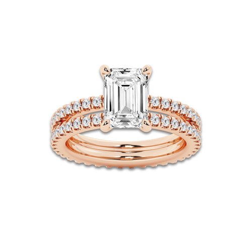 3.39 ctw Emerald Lab-Grown Diamond Double Row Diamond Engagement Ring in 14K Rose Gold for Women | Colorless D, VVS1 Clarity, IGI Certified 2.50 ct Center Diamond