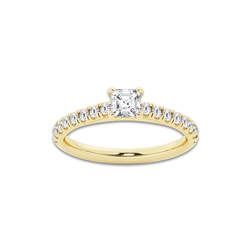 0.89 ctw Asscher Lab-Grown Diamond Pave Engagement Ring in 14K Yellow Gold for Women | E Color, VS1 Clarity, IGI Certified 0.50 ct Center Diamond
