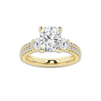 4.96 ctw Elongated Cushion Lab-Grown Diamond Three Stone Double Row Engagement Ring in 14K Yellow Gold for Women | D Color, VVS1 Clarity, IGI Certified 4.00 ct Center Diamond