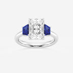 Camellia 3 ctw Radiant Lab Grown Diamond and 5.5x3.3x2.2 mm Trapezoid Created Sapphire Three-Stone Ring 14K White Gold, E, VS1 | IGI Certified, 3 ct Center