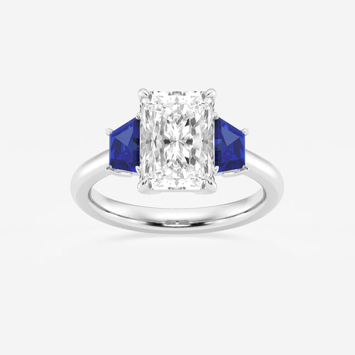 Camellia 3 ctw Radiant Lab Grown Diamond and 5.5x3.3x2.2 mm Trapezoid Created Sapphire Three-Stone Ring 14K White Gold, E, VS1 | IGI Certified, 3 ct Center