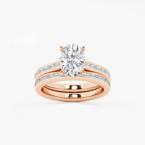 Synergy 2 3/4 ctw Oval Lab Grown Diamond Baguette and Princess Side Stone Bridal Set 14K Rose Gold, E, VS1 | IGI Certified, 2 ct Center