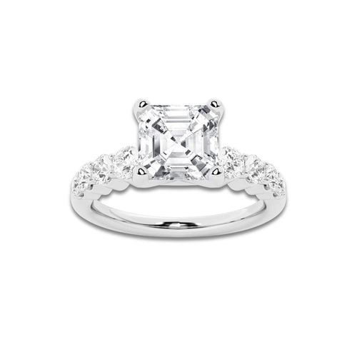 2.04 Ct Asscher Lab-Grown Diamond Half Eternity Engagement Ring in 14K White Gold for Female, Colorless (E), VS1 Clarity | IGI Certified, 1.50 Ct Center Diamond