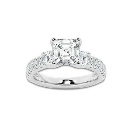 3.50 ctw Asscher Lab-Grown Diamond Three Stone Double Row Engagement Ring in Platinum for Women | E Color, VS1 Clarity, IGI Certified 2.50 ct Center Diamond