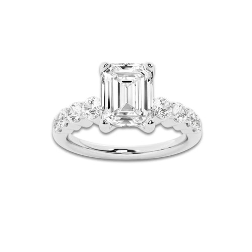 2.54 Ct Emerald Lab-Grown Diamond Half Eternity Engagement Ring in 14K White Gold for Female, Colorless (E), VS1 Clarity | IGI Certified, 2.00 Ct Center Diamond