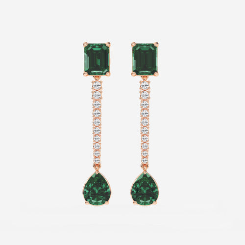 9X7mm Emerald Cut, 10x8mm Pear Cut Created Emerald and 3/4 ctw Round Lab Grown Diamond Linear Earrings 14K Rose Gold