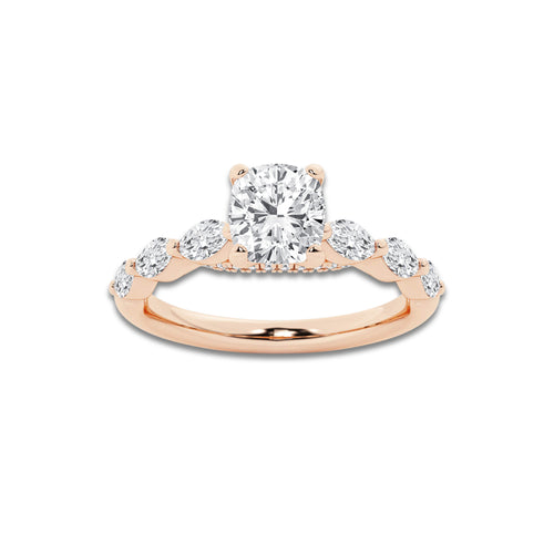 1.41 ctw Cushion Lab-Grown Diamond Marquise Side Stone Engagement Ring in 14K Rose Gold for Women | Colorless E, VS1 Clarity, IGI Certified 1.00 ct Center Diamond