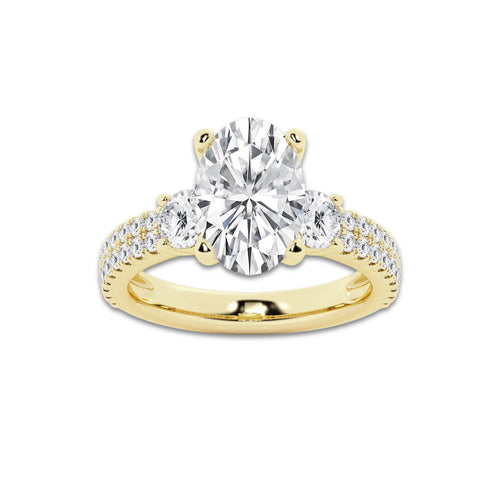 4.00 ctw Oval Lab-Grown Diamond Three Stone Double Row Engagement Ring in 14K Yellow Gold for Women | E Color, VS1 Clarity, IGI Certified 3.00 ct Center Diamond