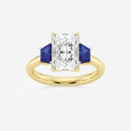 Camellia 3 ctw Radiant Lab Grown Diamond and 5.5x3.3x2.2 mm Trapezoid Created Sapphire Three-Stone Ring 14K Yellow Gold, E, VS1 | IGI Certified, 3 ct Center