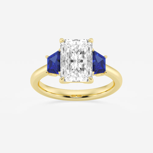Camellia 3 ctw Radiant Lab Grown Diamond and 5.5x3.3x2.2 mm Trapezoid Created Sapphire Three-Stone Ring 14K Yellow Gold, E, VS1 | IGI Certified, 3 ct Center