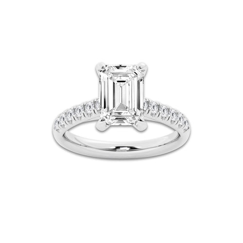 3.40 ctw Emerald Lab-Grown Diamond Pave Engagement Ring in 14K White Gold for Women | D Color, VVS1 Clarity, IGI Certified 3.00 ct Center Diamond