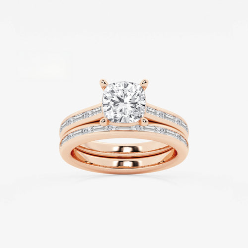 Synergy 2 3/4 ctw Cushion Lab Grown Diamond Baguette and Princess Side Stone Bridal Set 14K Rose Gold, E, VS1 | IGI Certified, 2 ct Center