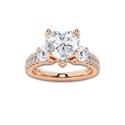2.25 ctw Heart Lab-Grown Diamond Three Stone Double Row Engagement Ring in 14K Rose Gold for Women | E Color, VS1 Clarity, IGI Certified 1.50 ct Center Diamond