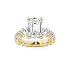 4.96 ctw Emerald Lab-Grown Diamond Three Stone Double Row Engagement Ring in 14K Yellow Gold for Women | D Color, VVS1 Clarity, IGI Certified 4.00 ct Center Diamond