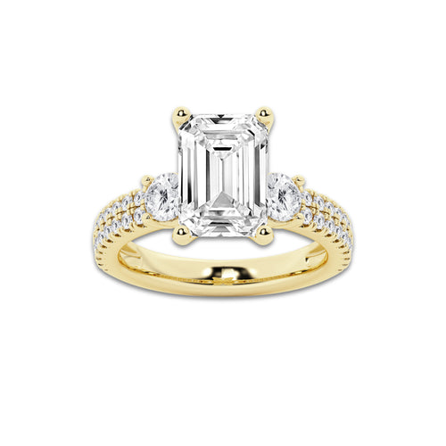 4.96 ctw Emerald Lab-Grown Diamond Three Stone Double Row Engagement Ring in 14K Yellow Gold for Women | D Color, VVS1 Clarity, IGI Certified 4.00 ct Center Diamond