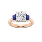 Camellia 3 ctw Cushion Lab Grown Diamond and 5.5x3.3x2.2 mm Trapezoid Created Sapphire Three-Stone Ring 14K Rose Gold, D, VVS | IGI Certified, 3 ct Center