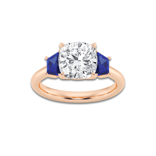 Camellia 3 ctw Cushion Lab Grown Diamond and 5.5x3.3x2.2 mm Trapezoid Created Sapphire Three-Stone Ring 14K Rose Gold, D, VVS | IGI Certified, 3 ct Center