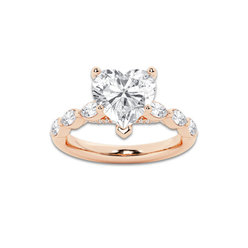 2.53 ctw Heart Lab-Grown Diamond Marquise Side Stone Engagement Ring in 14K Rose Gold for Women | Colorless E, VS1 Clarity, IGI Certified 2.00 ct Center Diamond