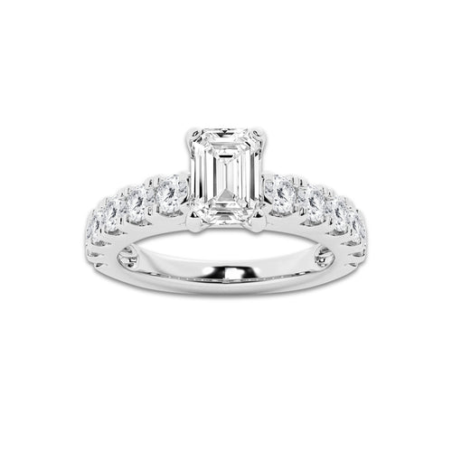 2.00 ctw Emerald Lab-Grown Diamond Split-Prong Set Side Stone Engagement Ring in 14K White Gold for Women | Colorless E, VS1 Clarity, IGI Certified 1.00 ct Center Diamond