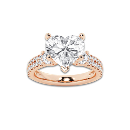 4.96 ctw Heart Lab-Grown Diamond Three Stone Double Row Engagement Ring in 14K Rose Gold for Women | D Color, VVS1 Clarity, IGI Certified 4.00 ct Center Diamond