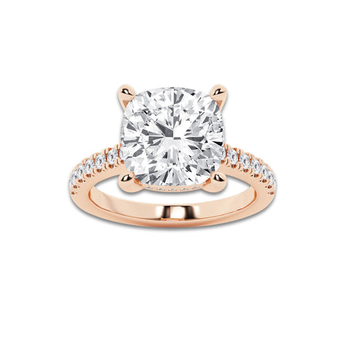 6.37 ctw Cushion Lab-Grown Diamond Hidden Halo Side Stone Engagement Ring in 18K Rose Gold for Women | Colorless E, VS1 Clarity, IGI Certified 6.00 ct Center Diamond