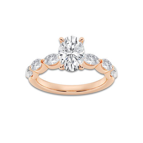 Bridget 2 1/3 ctw Oval Lab Grown Diamond Side Stone Solitaire Engagement Ring 14K Rose Gold, D, VVS | IGI Certified, 1 1/2 ct Center