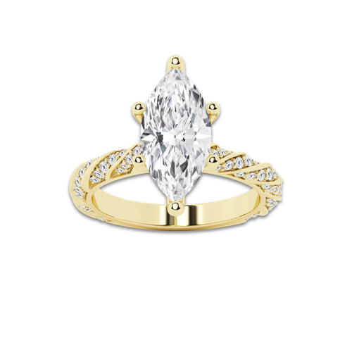 5.42 ctw Marquise Lab-Grown Diamond Twisted Band Engagement Ring in 14K Yellow Gold for Women | Colorless E, VS1 Clarity, IGI Certified 5.00 ct Center Diamond