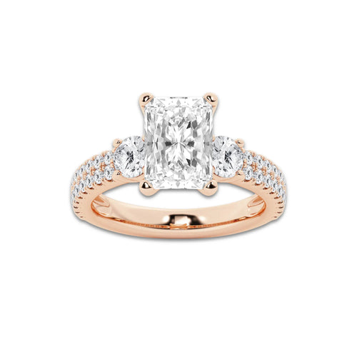 3.50 ctw Radiant Lab-Grown Diamond Three Stone Double Row Engagement Ring in 14K Rose Gold for Women | E Color, VS1 Clarity, IGI Certified 2.50 ct Center Diamond