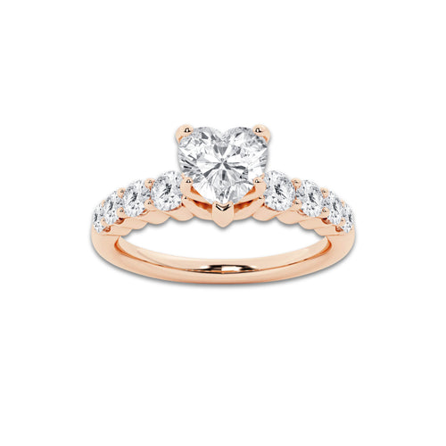 1.54 Ct Heart Lab-Grown Diamond Half Eternity Engagement Ring in 14K Rose Gold for Female, Colorless (D), VVS1 Clarity | IGI Certified, 1.00 Ct Center Diamond
