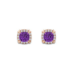 4.6 mm Cushion Cut Created Amethyst and 1/4 ctw Round Lab Grown Diamond Shadow Halo Stud Earrings 14K Rose Gold
