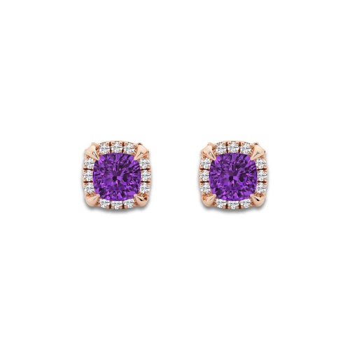 4.6 mm Cushion Cut Created Amethyst and 1/4 ctw Round Lab Grown Diamond Shadow Halo Stud Earrings 14K Rose Gold