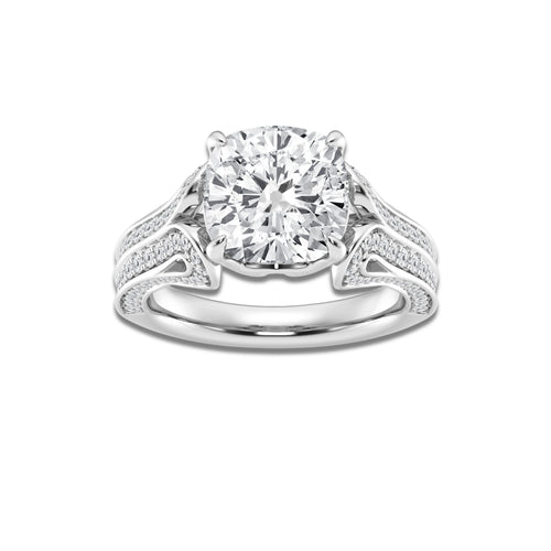 5 1/5 ctw Cushion Lab Grown Diamond Old Mine Cut Milgrain Split Floral Shank Side Stone Engagement Ring Platinum, E, VS1 | 4 1/2 ct Center