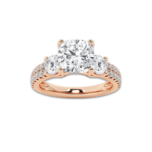 1.75 ctw Cushion Lab-Grown Diamond Three Stone Double Row Engagement Ring in 14K Rose Gold for Women | D Color, VVS1 Clarity, IGI Certified 1.00 ct Center Diamond