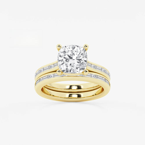 Synergy 3 3/4 ctw Cushion Lab Grown Diamond Baguette and Princess Side Stone Bridal Set 14K Yellow Gold, E, VS1 | IGI Certified, 3 ct Center