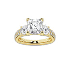 3.00 ctw Asscher Lab-Grown Diamond Three Stone Double Row Engagement Ring in 14K Yellow Gold for Women | D Color, VVS1 Clarity, IGI Certified 2.00 ct Center Diamond