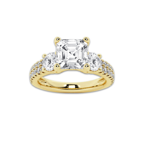 3.00 ctw Asscher Lab-Grown Diamond Three Stone Double Row Engagement Ring in 14K Yellow Gold for Women | D Color, VVS1 Clarity, IGI Certified 2.00 ct Center Diamond