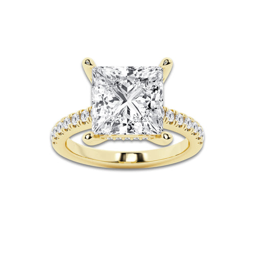 6.37 ctw Princess Lab-Grown Diamond Hidden Halo Side Stone Engagement Ring in 18K Yellow Gold for Women | Colorless E, VS1 Clarity, IGI Certified 6.00 ct Center Diamond